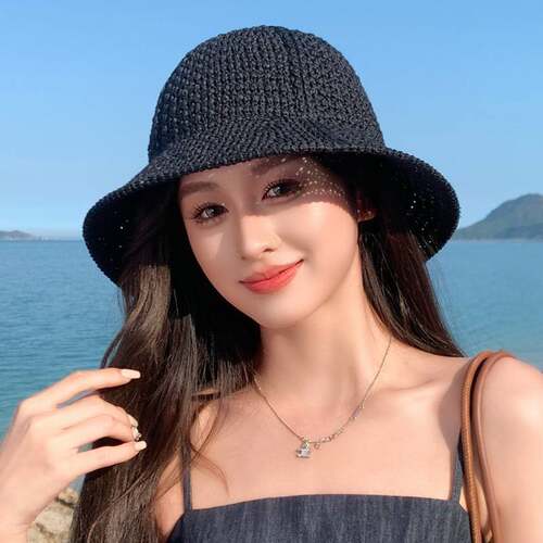 草帽女夏沙滩小檐简约防晒遮阳帽子出游度假沙滩帽海边编织渔夫帽