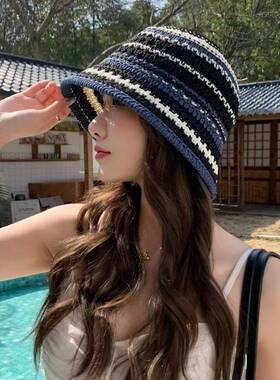 帽子夏季女条纹针织镂空渔夫帽透气薄款遮阳帽时尚盆帽水桶太阳帽