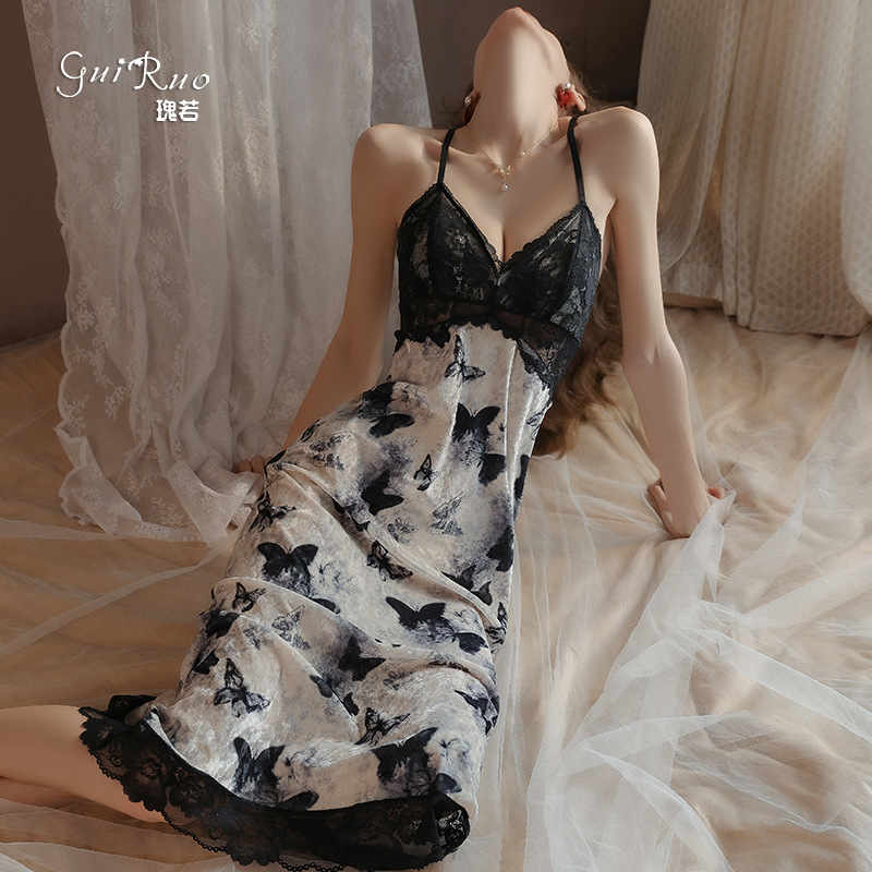 加胸垫睡衣纯欲印花长款丝绒吊带睡裙外袍大码套装4827