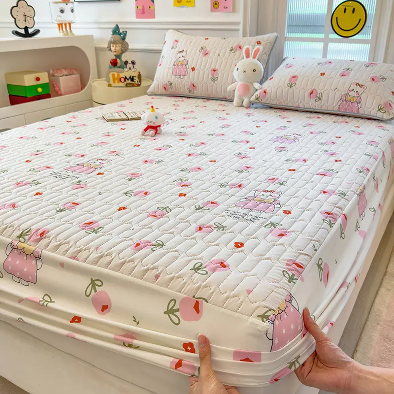 印花夹棉床笠卡通图案少儿床单学生宿舍防滑床笠床垫保护罩三件套