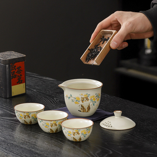 便携式汝窑猫咪快客杯旅行茶具高档中式一壶三杯户外露营功夫茶具