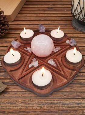 木质五芒星雕刻烛台蜡烛杯蜡 木制 水晶摆件 装饰 复古 欧式