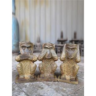 彷古石雕青石雕刻创意礼品石头三不猴子石灯座家居装饰工艺品摆件