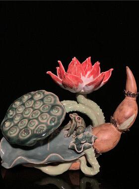 石湾公仔荷叶莲花陶瓷摆件客厅博古架电视柜摆设乔迁开业新居礼品