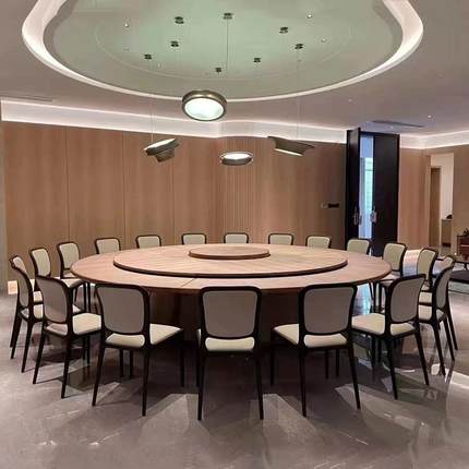 新中式会所实木餐桌椅高端酒店包厢电动大圆桌岩板旋转盘家具定制