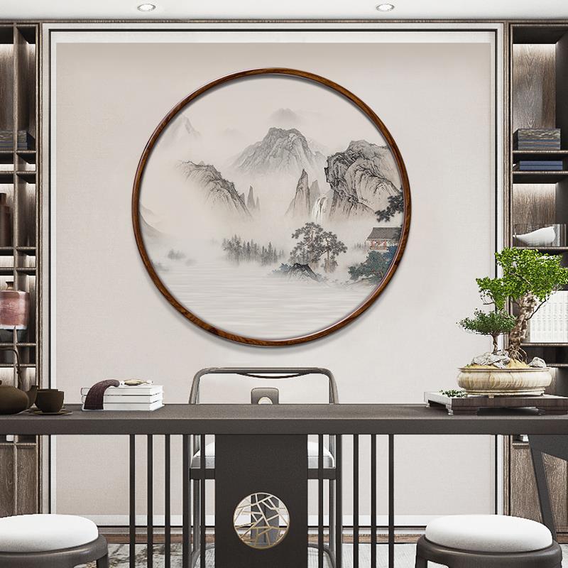 新中式圆形装饰画客厅玄关山水画茶室禅意字画挂画水墨画轻奢灯画