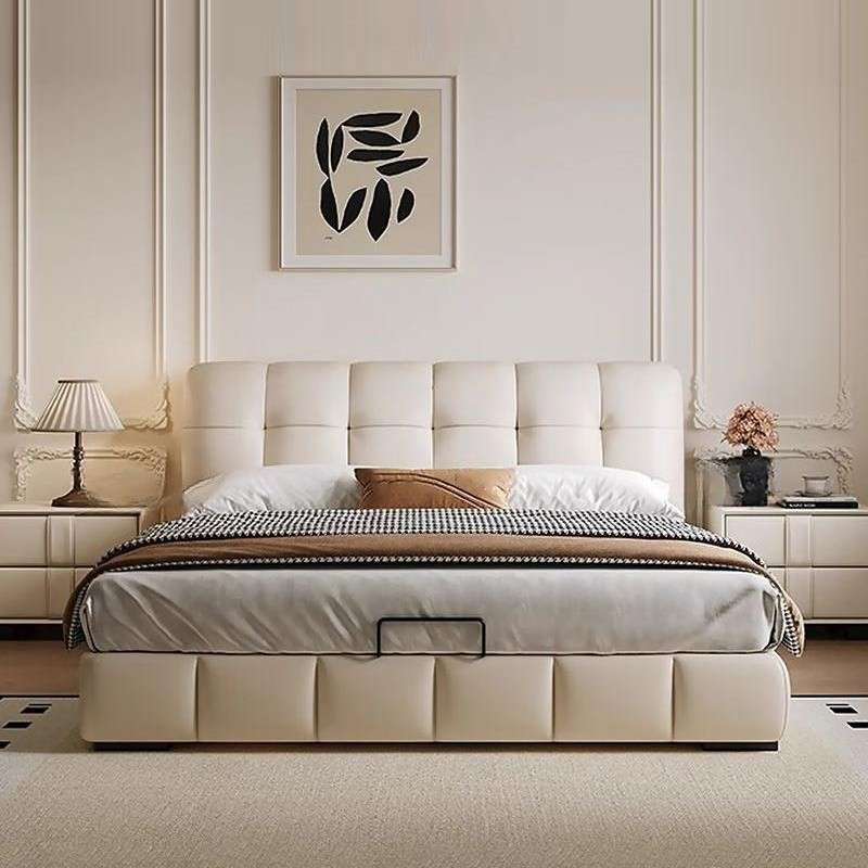 意式极简现代简约泡芙床床复古奶油风主卧双人床中古风储物真皮床