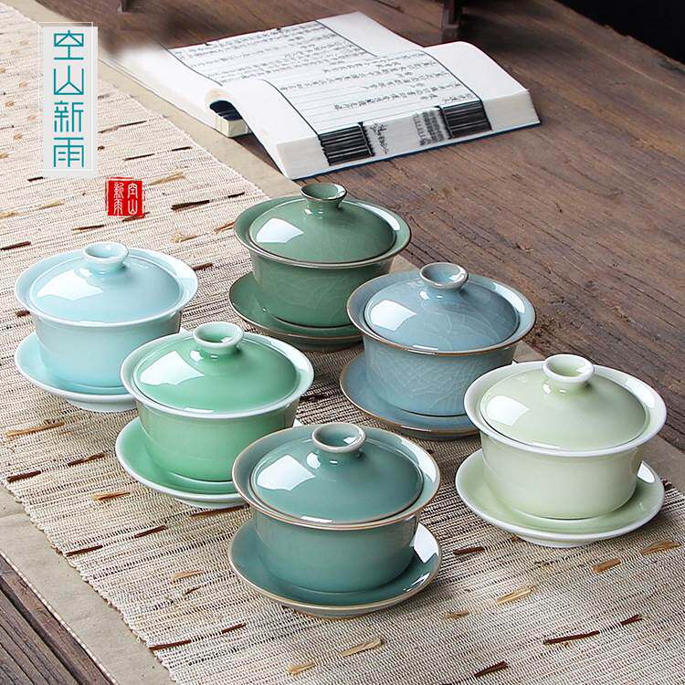龙泉青瓷 功夫茶茶具三才盖碗 哥窑开片 陶瓷敬茶碗手抓泡茶盖碗