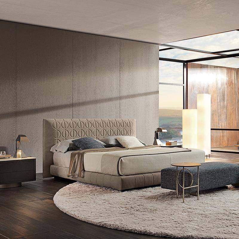 意式极简高端磨砂布艺床主卧轻奢别墅真皮印花床双人床婚床铜钱床