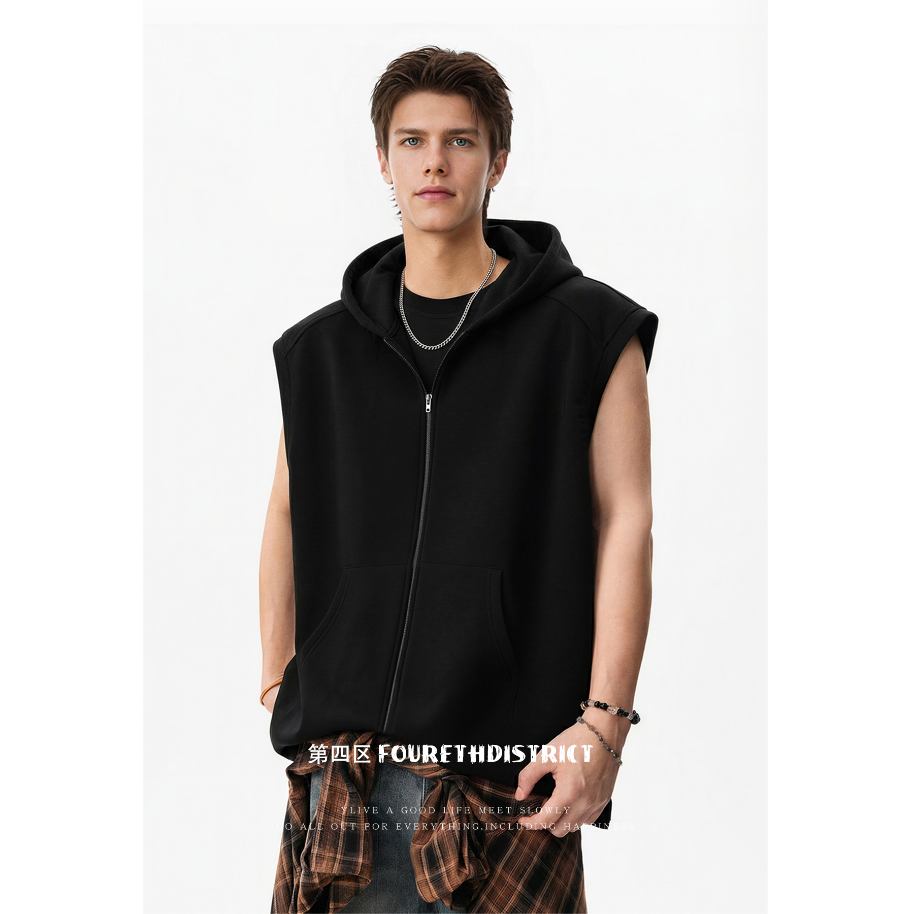 第四区美式双头拉链卫衣马甲男