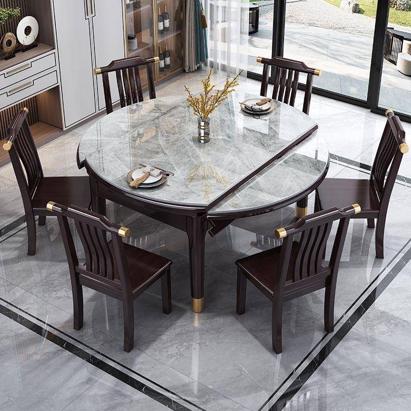 实木折叠圆形餐桌椅组合现代简约伸缩长方形吃饭桌子家用岩板饭桌