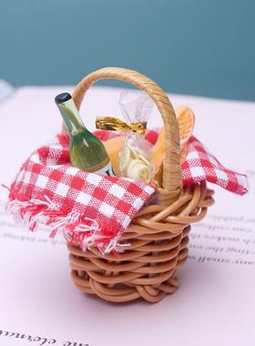 迷你仿真藤编小篮子野餐篮娃娃屋造景花蓝水果篮微缩景观小摆件