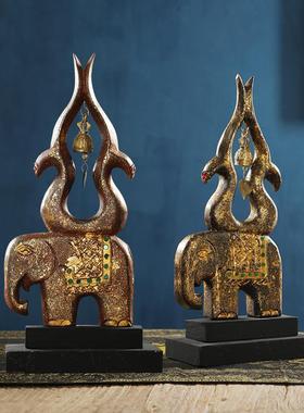 异丽泰国实木大象摆件东南亚风格装饰品会所客厅电视柜书架小饰品