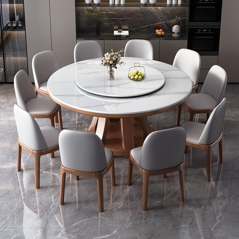 高端岩板餐桌椅组合圆形现代简约轻奢小户型实木圆桌转盘家用饭桌