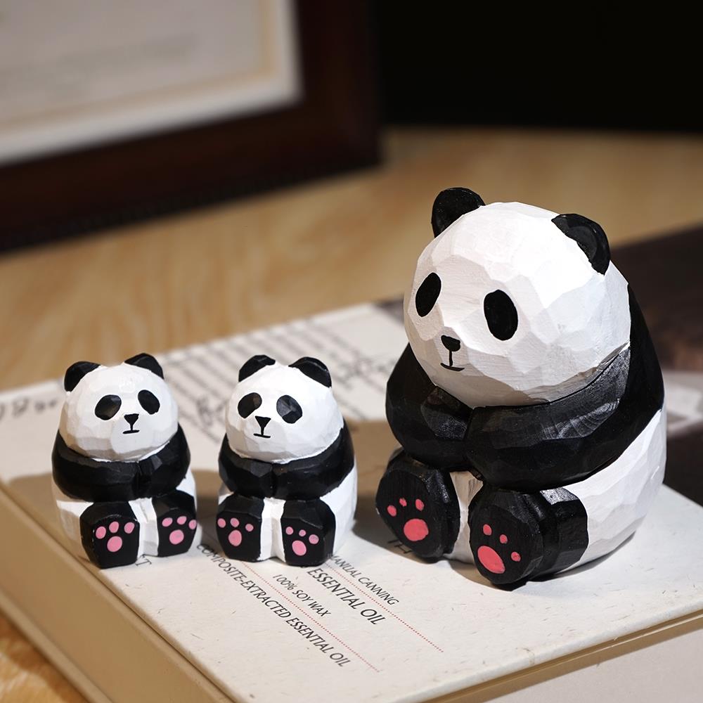圆滚滚可爱熊猫手工木雕小摆件动物桌面汽车装饰品卡通萌物公仔
