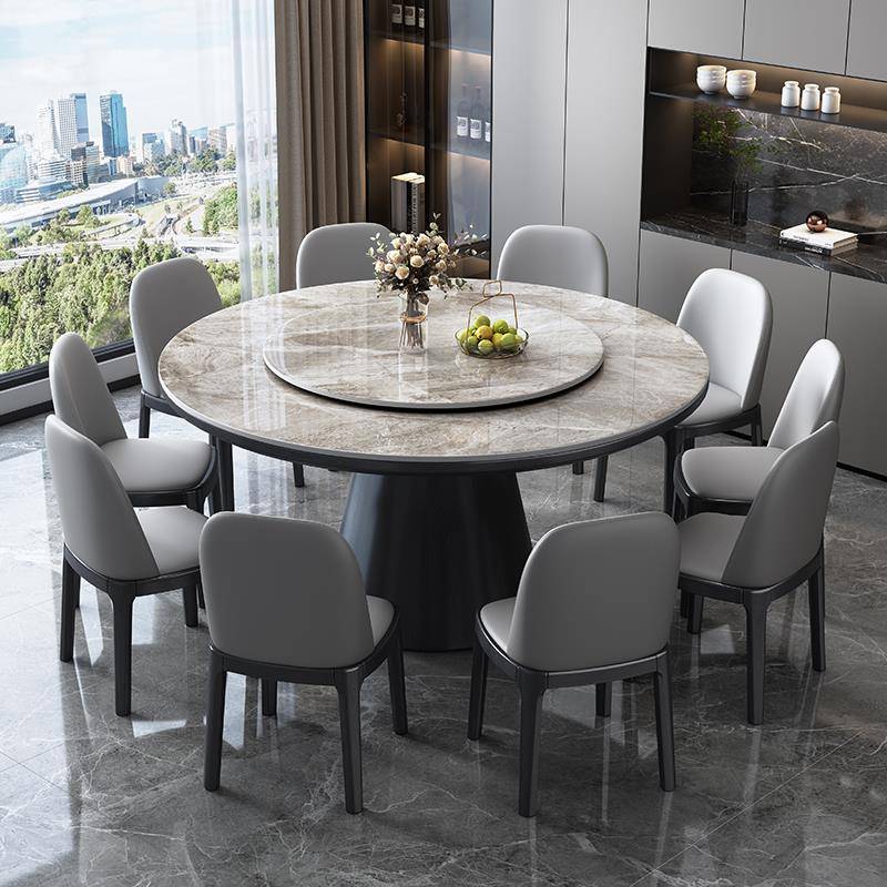岩板餐桌椅组合圆形现代简约轻奢大圆桌带转盘实木家用电磁炉饭桌