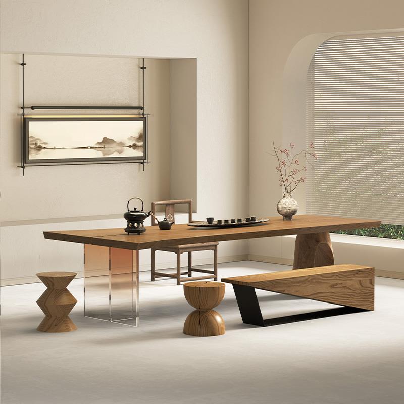 全实木茶桌大板桌办公会谈泡茶台客厅餐桌侘寂风民宿功夫茶几桌子