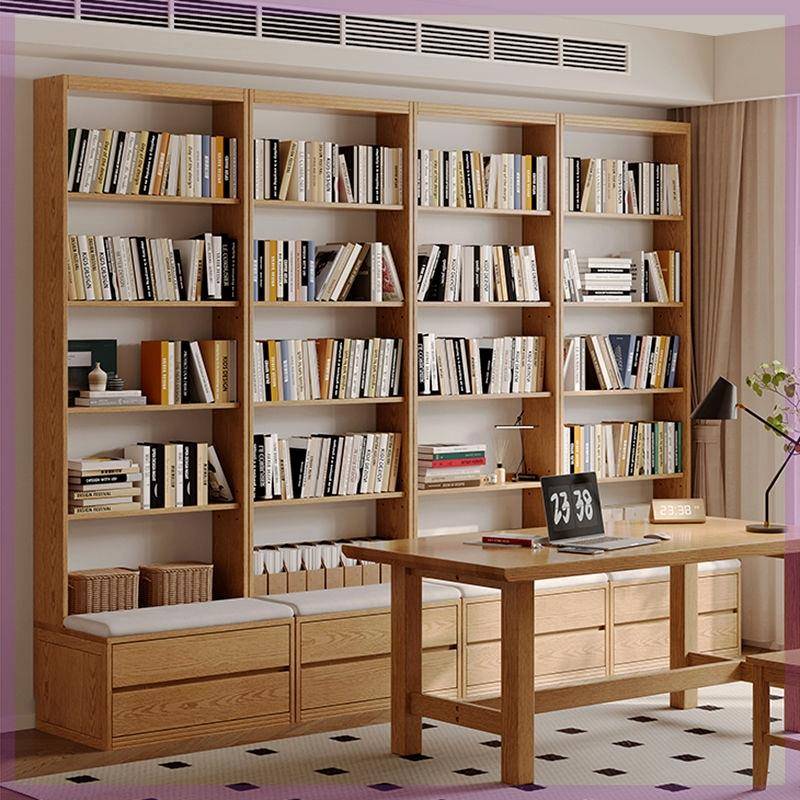 实木满墙书柜组合带卡座落地书架一体橡木整墙到顶客厅坐凳陈列柜