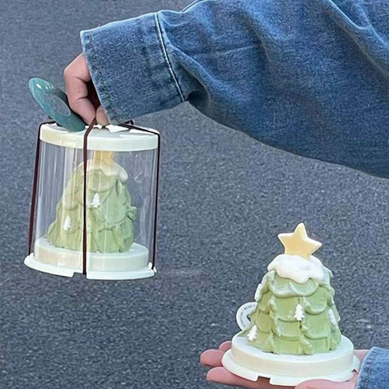网红圣诞节2寸圆形透明蛋糕手提包装盒圣诞树星星蜡烛甜品装饰