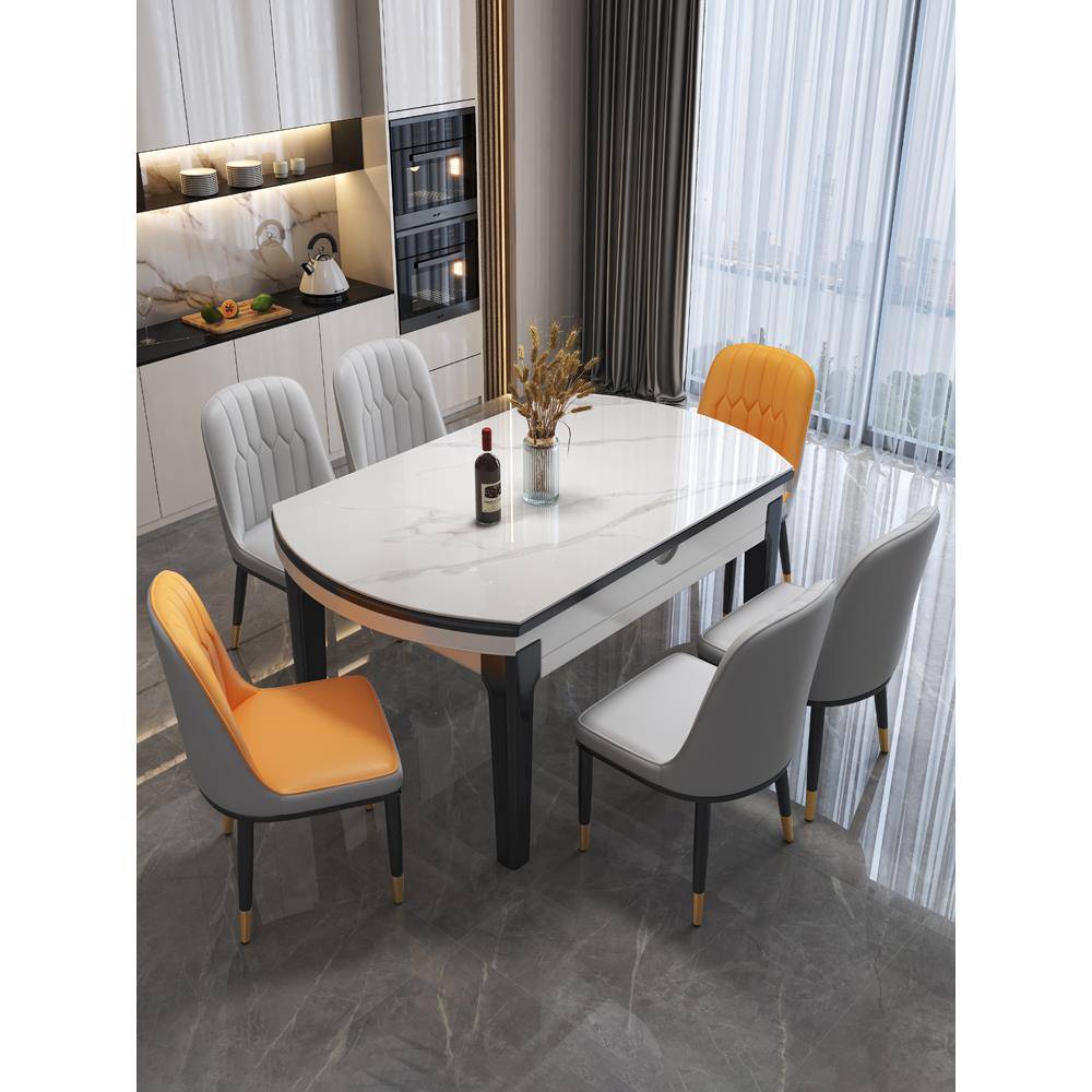 现代轻奢岩板餐桌椅组合家用吃饭现代简约轻奢折叠伸缩可变圆桌小