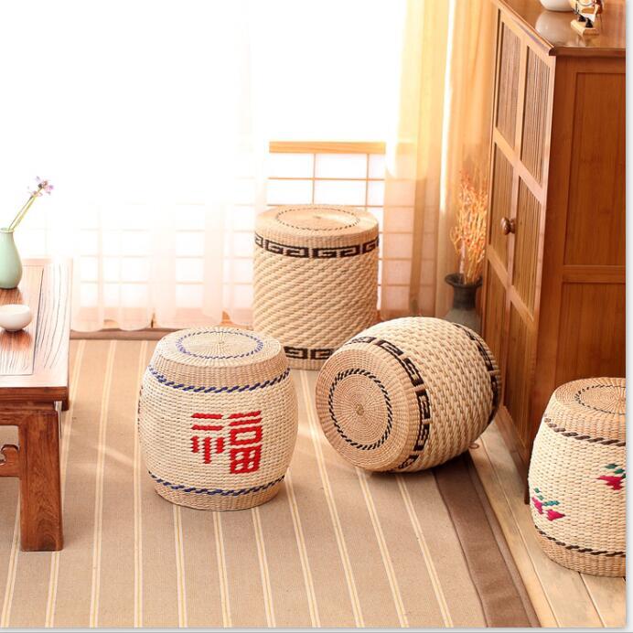 包邮手工草编圆凳时尚创意小凳子换鞋凳实木坐墩客厅茶几家用矮凳
