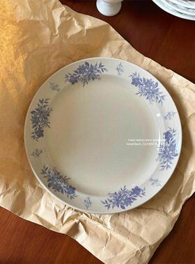 中世纪覆古感9英寸蓝色和紫色花陶瓷餐盘家庭甜点面食零食面包水