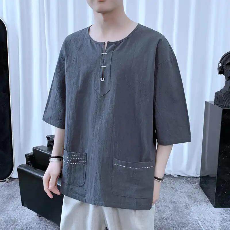 中国风肥佬胖子大码有两个大真口袋带双兜的短袖吕小虎T恤亚麻棉