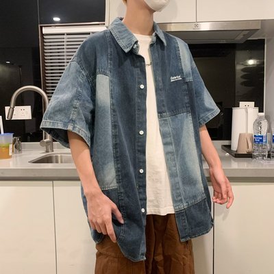 潮牌炸街拼接牛仔风短袖衬衫