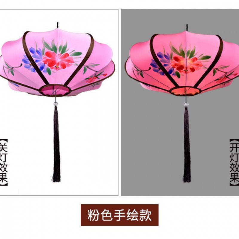 LN2025新款异型布艺吊灯饭店装饰水墨画古典灯具仿古手绘飞碟灯笼图片