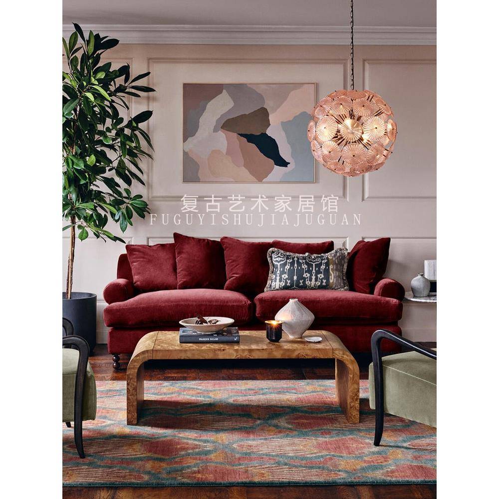 法式中古红色丝绒布艺沙发美式覆古客厅民宿设计师双人沙发小户型