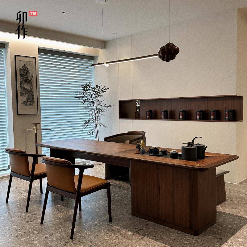 新中式实木茶桌黑胡桃木办公桌轻奢简约现代功夫泡茶台禅意茶室