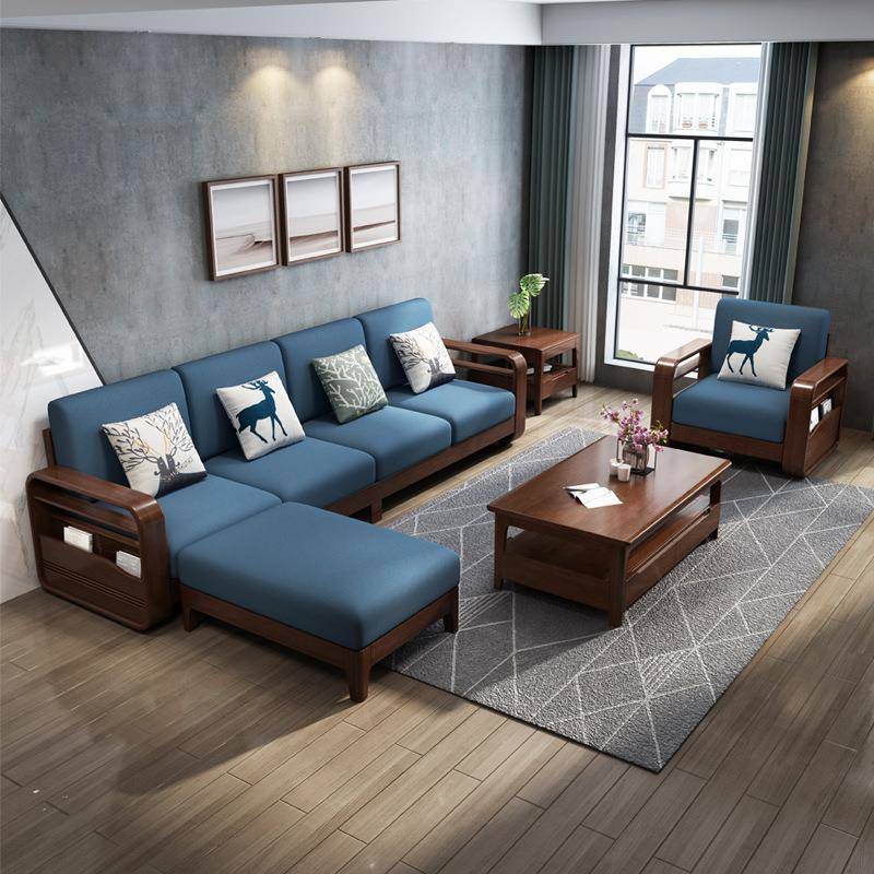 北欧实木沙发茶几组合简约现代小户型客厅贵妃转角木质布艺带拉床