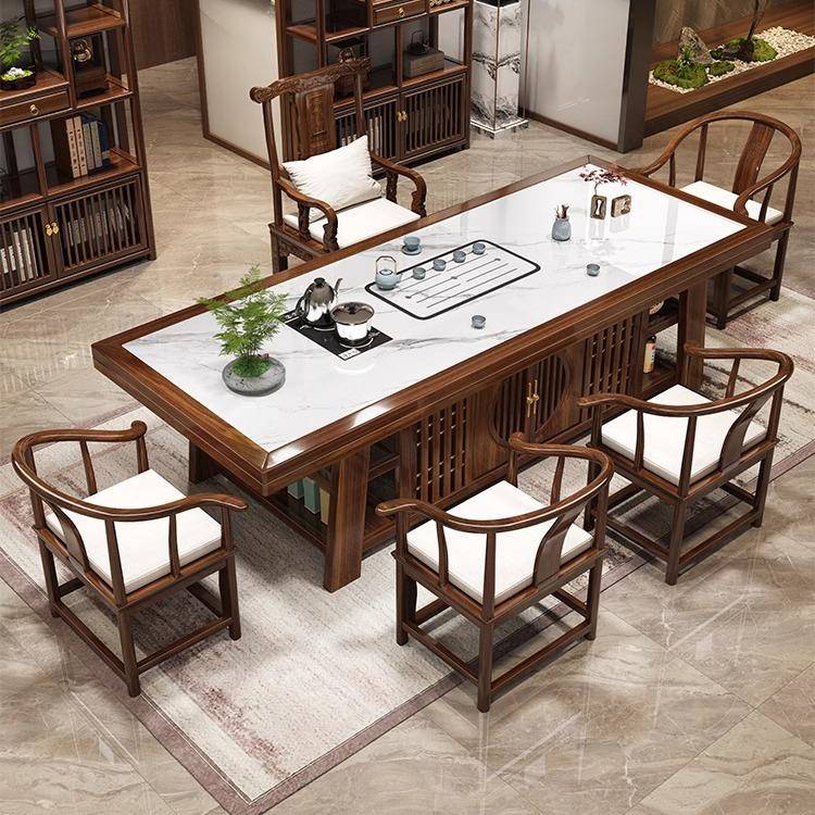 岩板茶桌椅组合一桌五椅办公室轻奢茶几客厅新中式家用实木泡茶台