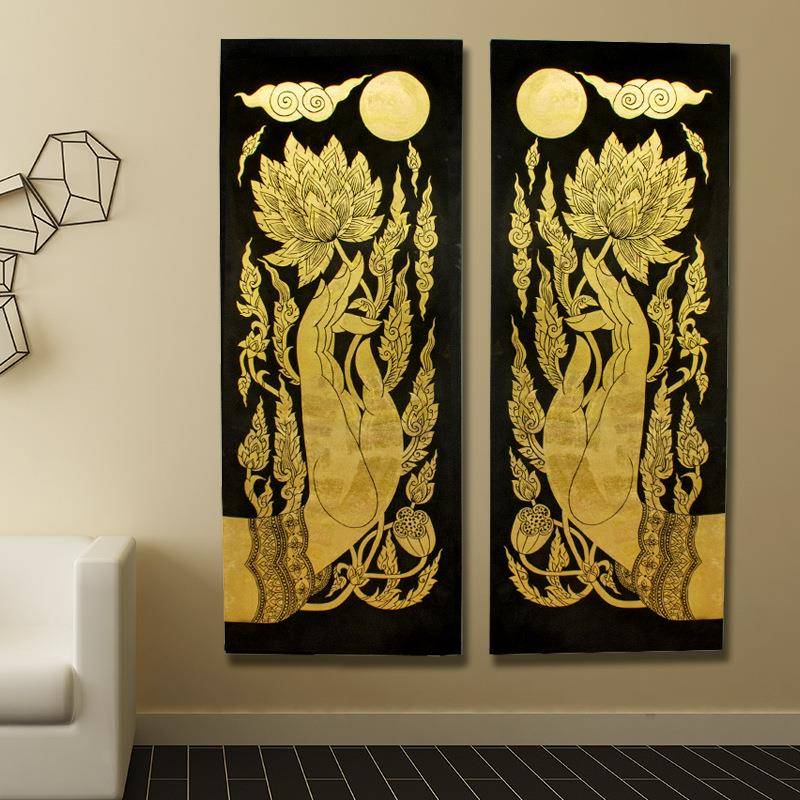 泰国佛手莲花金箔油画挂画东南亚泰式客厅走廊玄关入户墙面装饰画