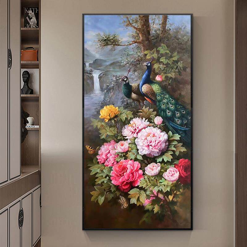 双孔雀花开富贵图玄关装饰画手绘油画新中式牡丹花客厅挂画寓意好