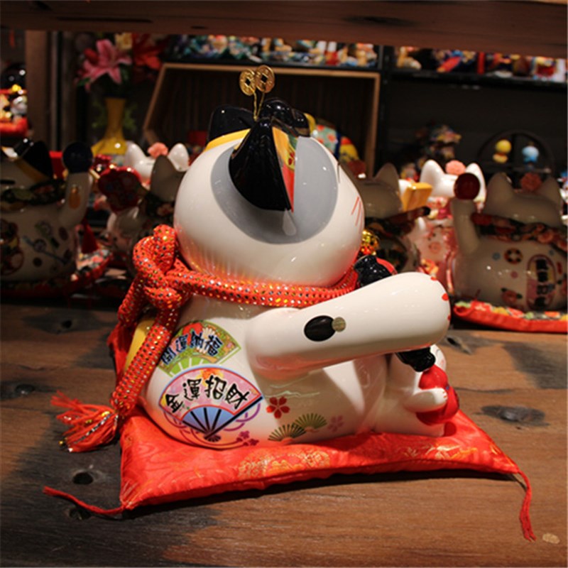 乐喵  福缘猫11寸八方进财陶瓷电动摇手招财猫店面开业家居摆件