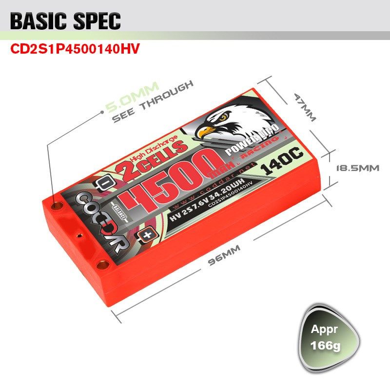 鹰氪CODDAR 4500mAh 2S 7.6V 140C HV NGE1/10电动漂移RC车高压款