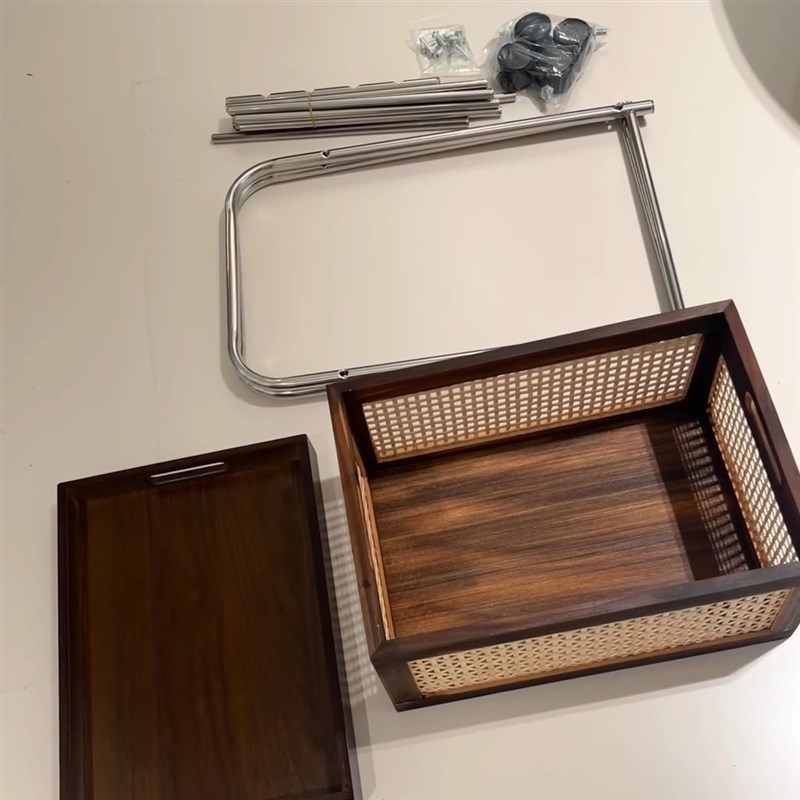 中古小推车实木收纳筐客厅不锈钢带轮可移动沙发边茶几收纳置物架