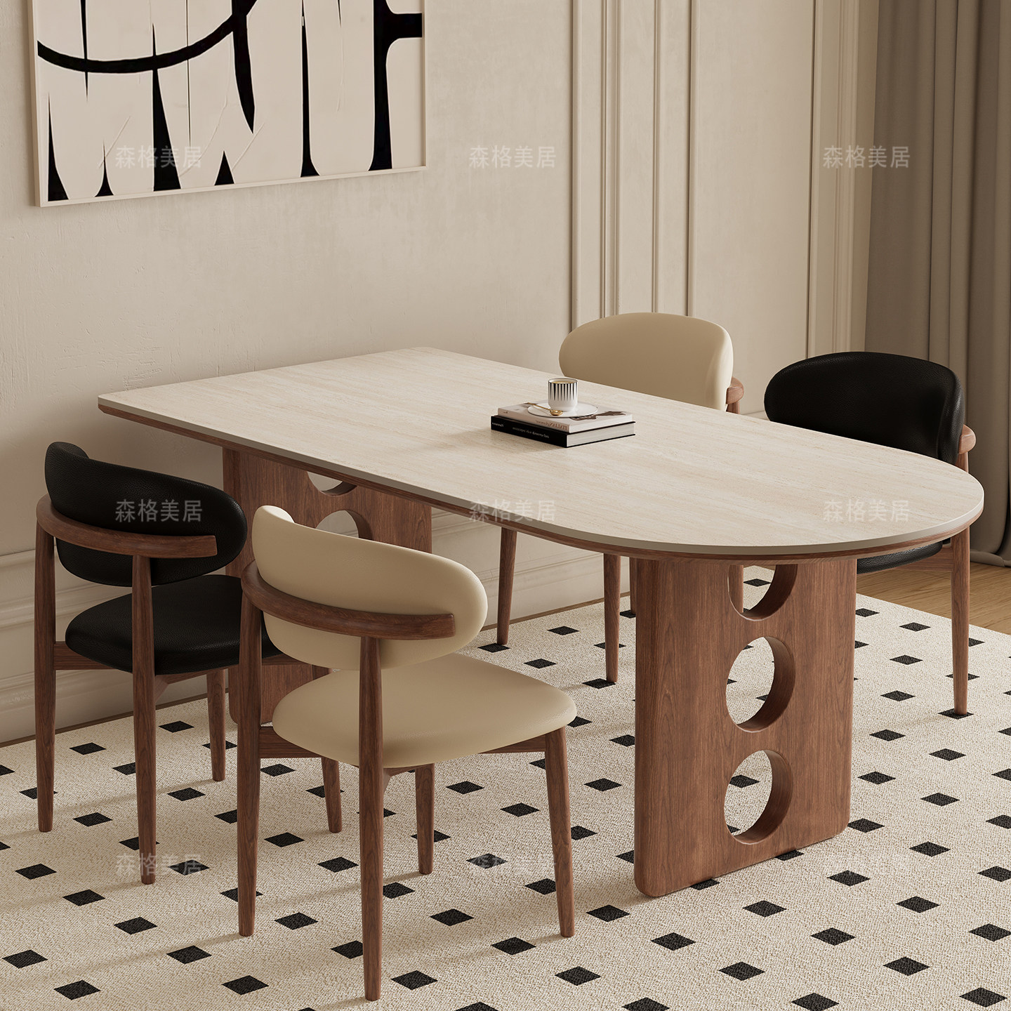 德利丰岩板洞石法式餐桌家用小户型复古中古半圆长方形餐桌子客厅,住宅家具,岩板餐桌,淘宝优惠券,粉丝福利购,淘宝优惠卷