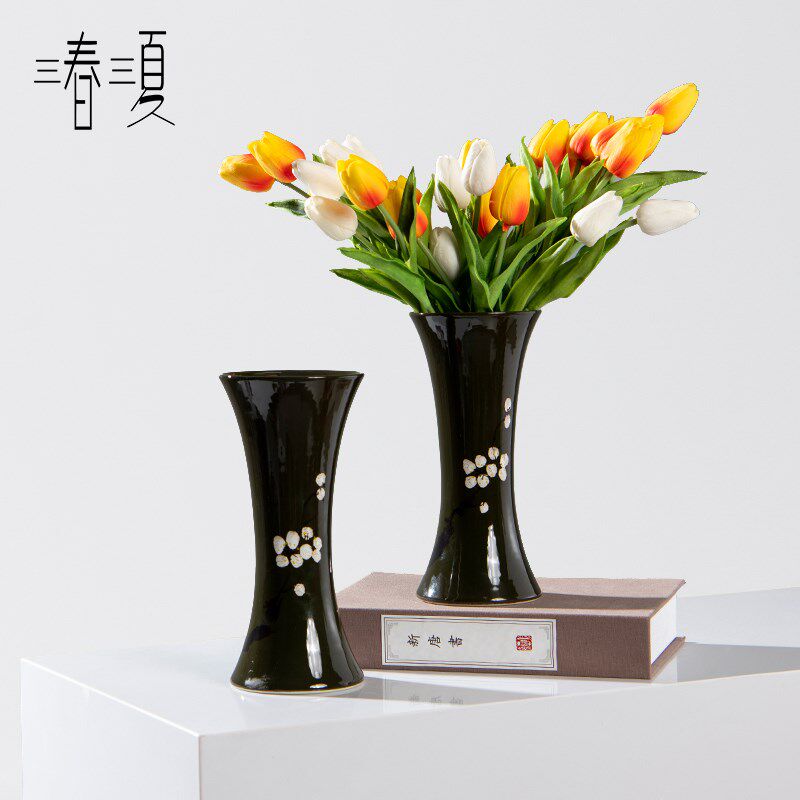 新中式摆件黑色梅瓶花瓶禅意茶室茶桌家居客厅博古架插花软装饰品