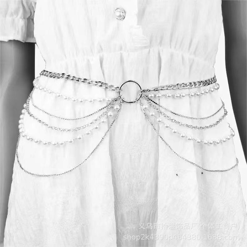 银色腰链设计感复古配饰配连衣裙2024新款珍珠感简约欧美