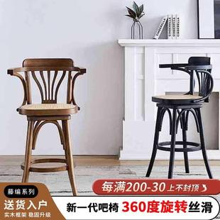 可旋转吧台椅实木靠背家用吧椅中古风吧台凳子设计师酒吧椅高脚椅