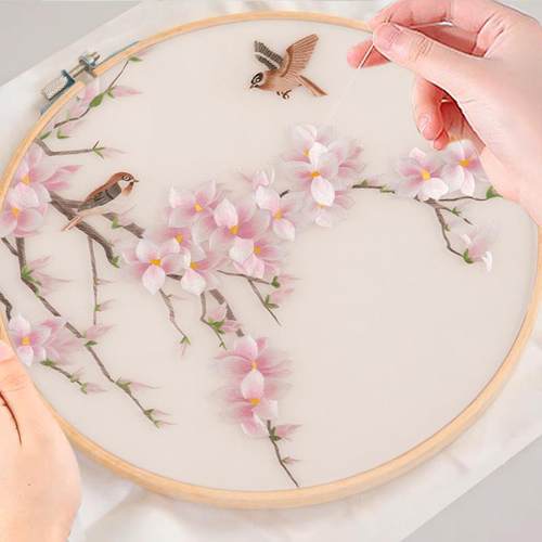 苏绣DIY套件刺绣自绣材料包初学针迹图玉兰花鸟送教程苏州礼品