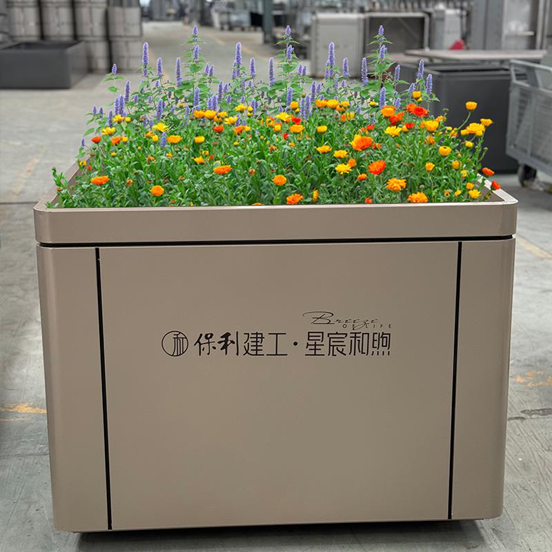 定制户外不锈钢可移动花箱花池树箱景观花坛金属长方形花槽隐藏轮