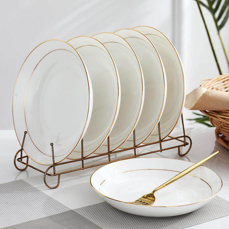 景德镇陶瓷盘子碟骨瓷套装菜盘组合金边圆形深盘家用10祇简约创意