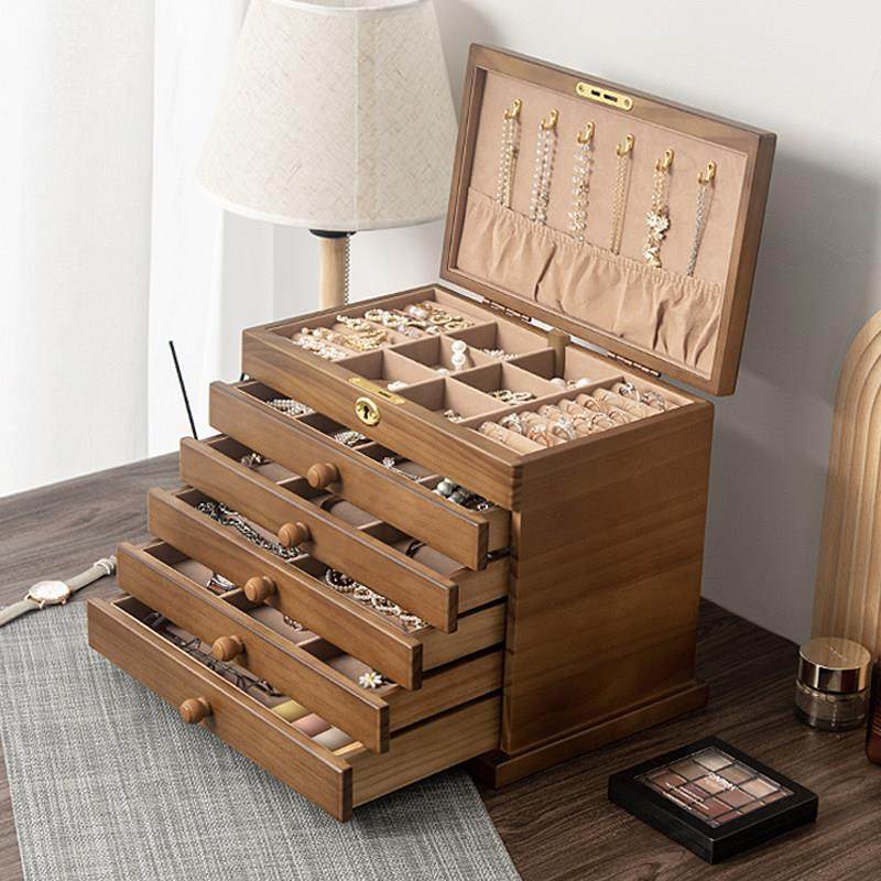 实木首饰收纳盒带锁木制雕花耳钉耳饰饰品盒结婚礼物项链精致分格