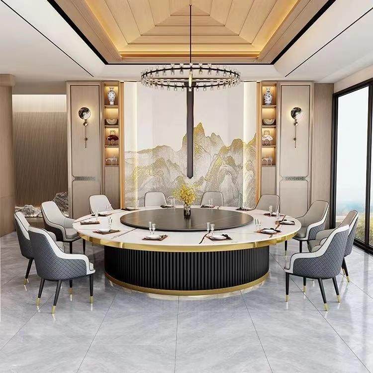 酒店电动转盘岩板餐桌高档大圆桌饭店15人20人餐厅包厢餐桌椅组合