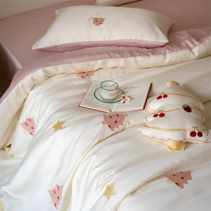 小清新男女款兰精天丝亲肤裸睡四件套绣花拼色单人双人被套床品