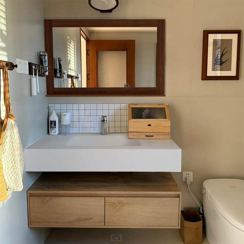 岩板热弯一体盆卫浴室柜组合化妆室洗漱台原木风洗脸洗手池法式90