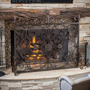 欧式镂空图案锻铁座屏风壁炉屏风隔断带网防火栅栏新型雕花壁炉栅